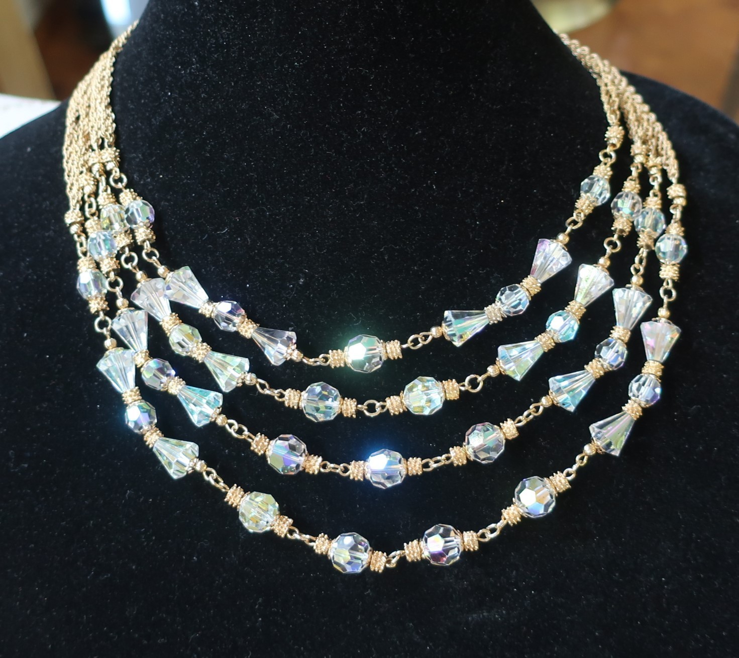 Statement Vendome Swarovski Crystal Beads Gold Plate Metal 4 Strand Necklace 18″