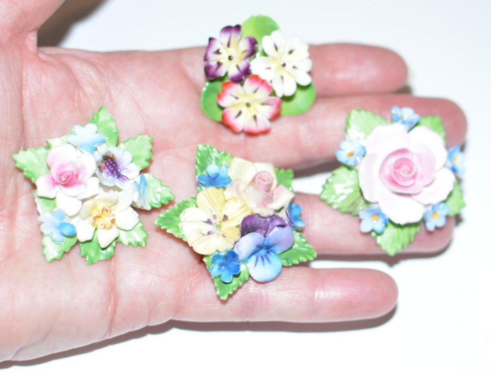 Vintage lot Denton and Staffordshire England Bone China brooches/earrings, as is