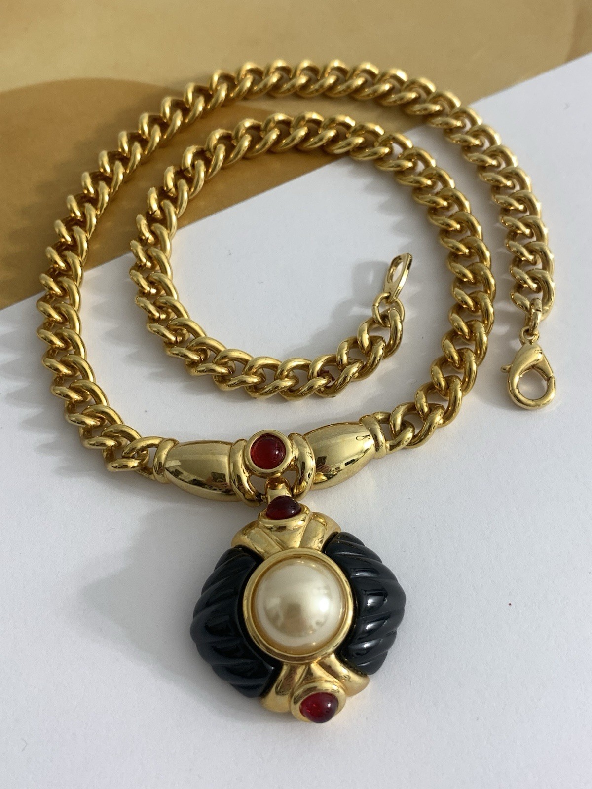 Vintage IVANA Trump Necklace Gold Tone Red Glass Cabochons Carved Black Lucite