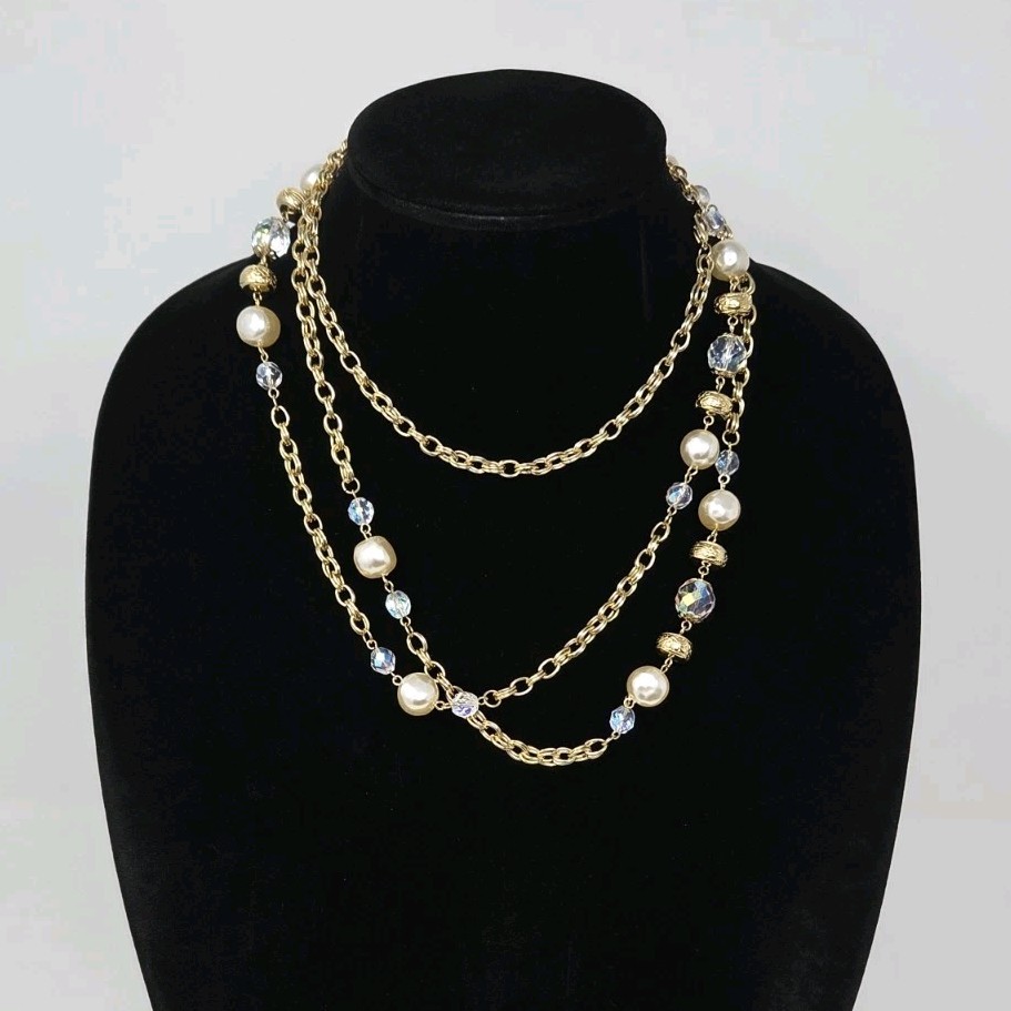 Gold Tone AB Crystal & Faux Pearl Chain Necklace 60 Inches Long Vintage