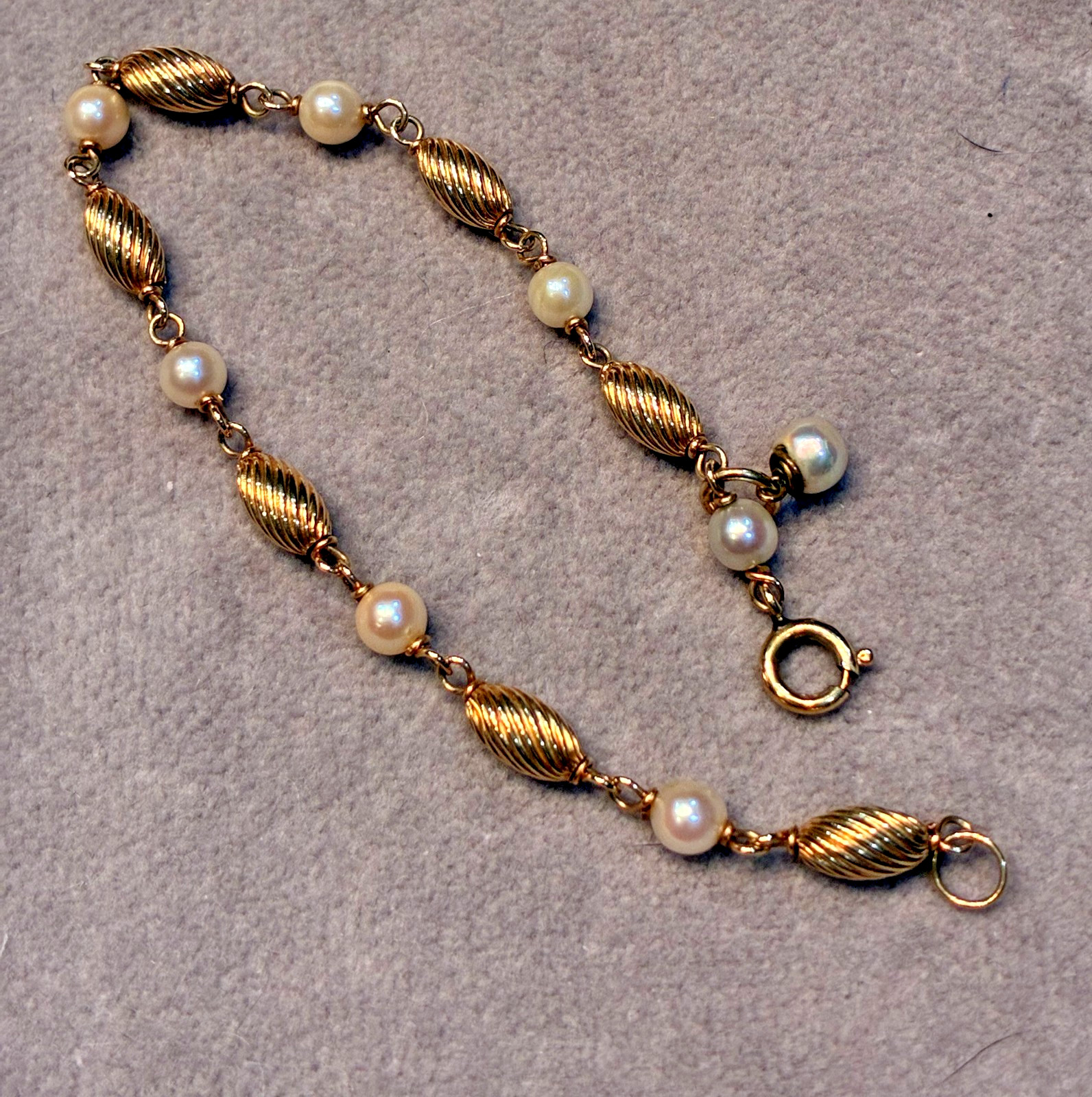VTG 1/20 14K Gold Filled Cultured Pearl Bracelet 7 1/4″ – Twisted Ribbed Links