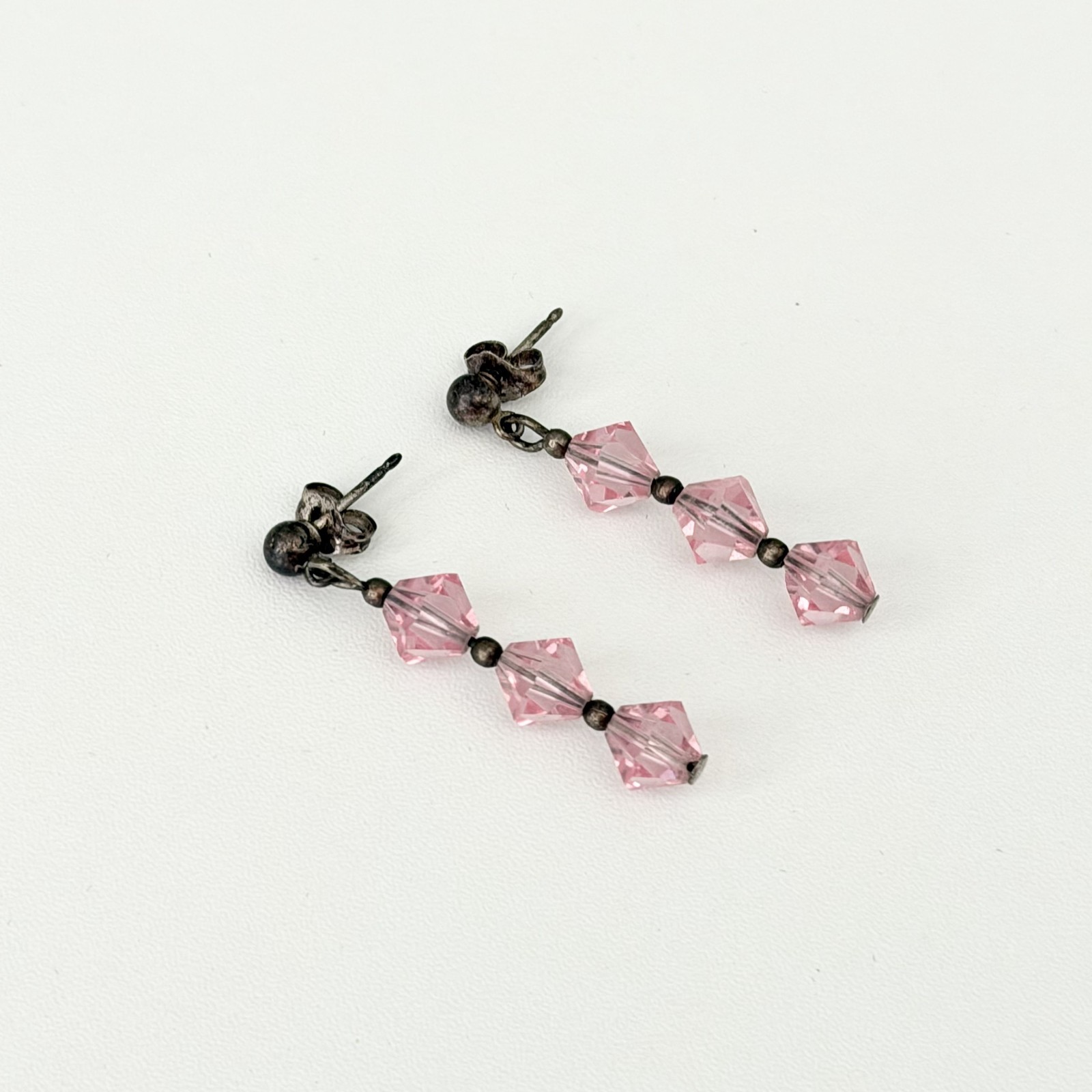 Vintage 925 Sterling Silver Pink Crystal 3 Stone Dangle Earrings