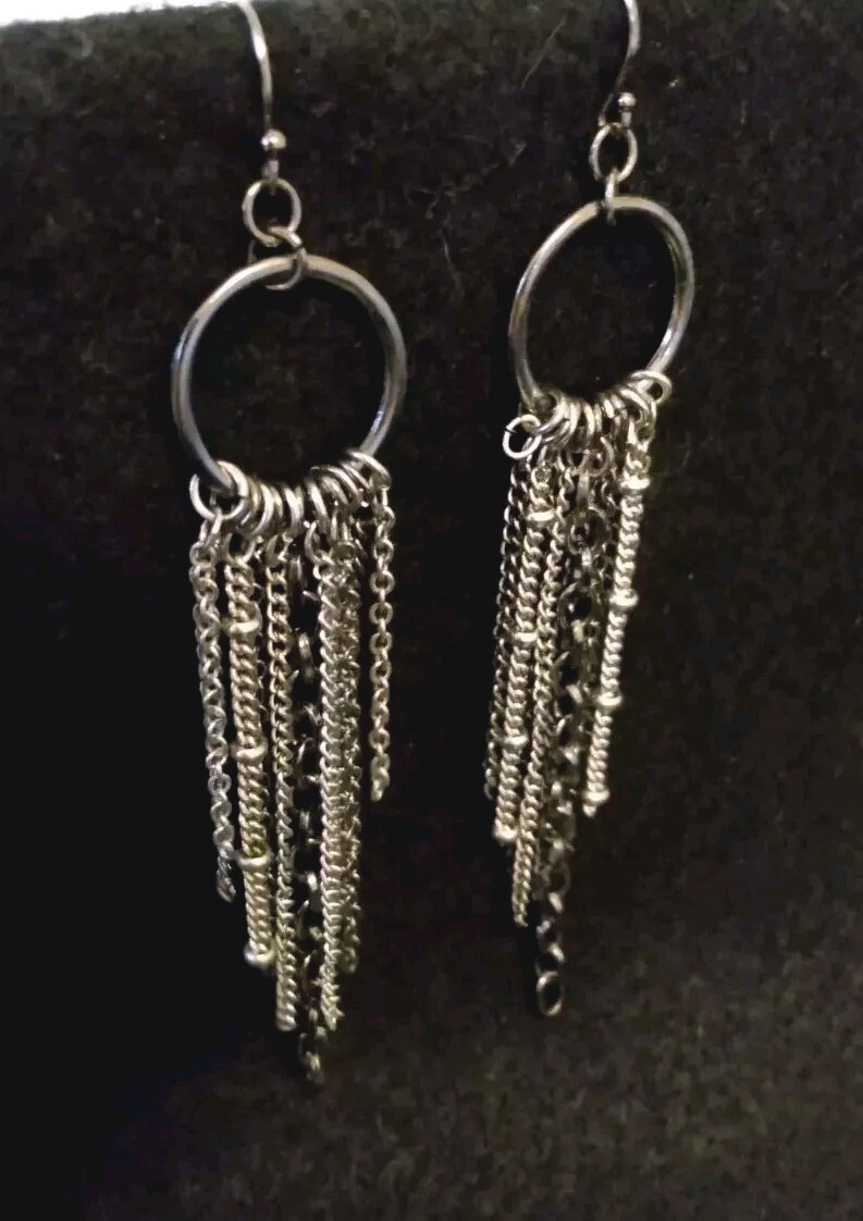Vintage Dark Silver Tone Metal Ring w/Multi Chain Dangle Shoulder Duster Earring