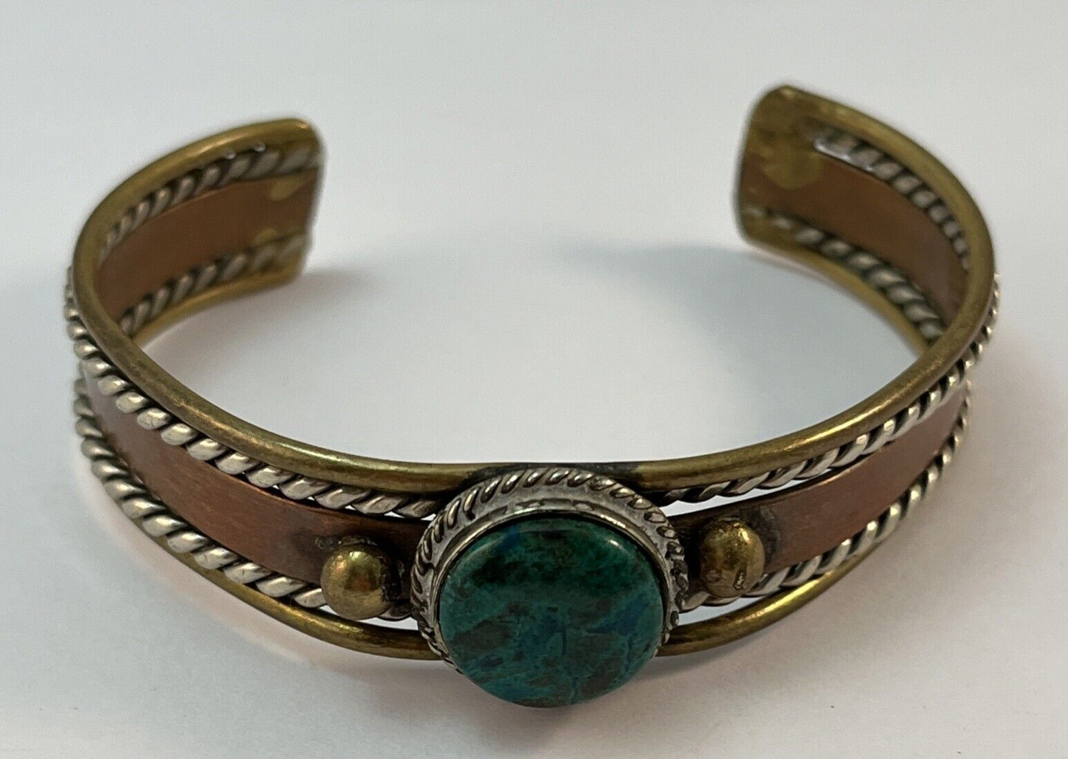 Copper Brass Silver Mixed Metals Green Malachite Cuff Bracelet Rustic READ