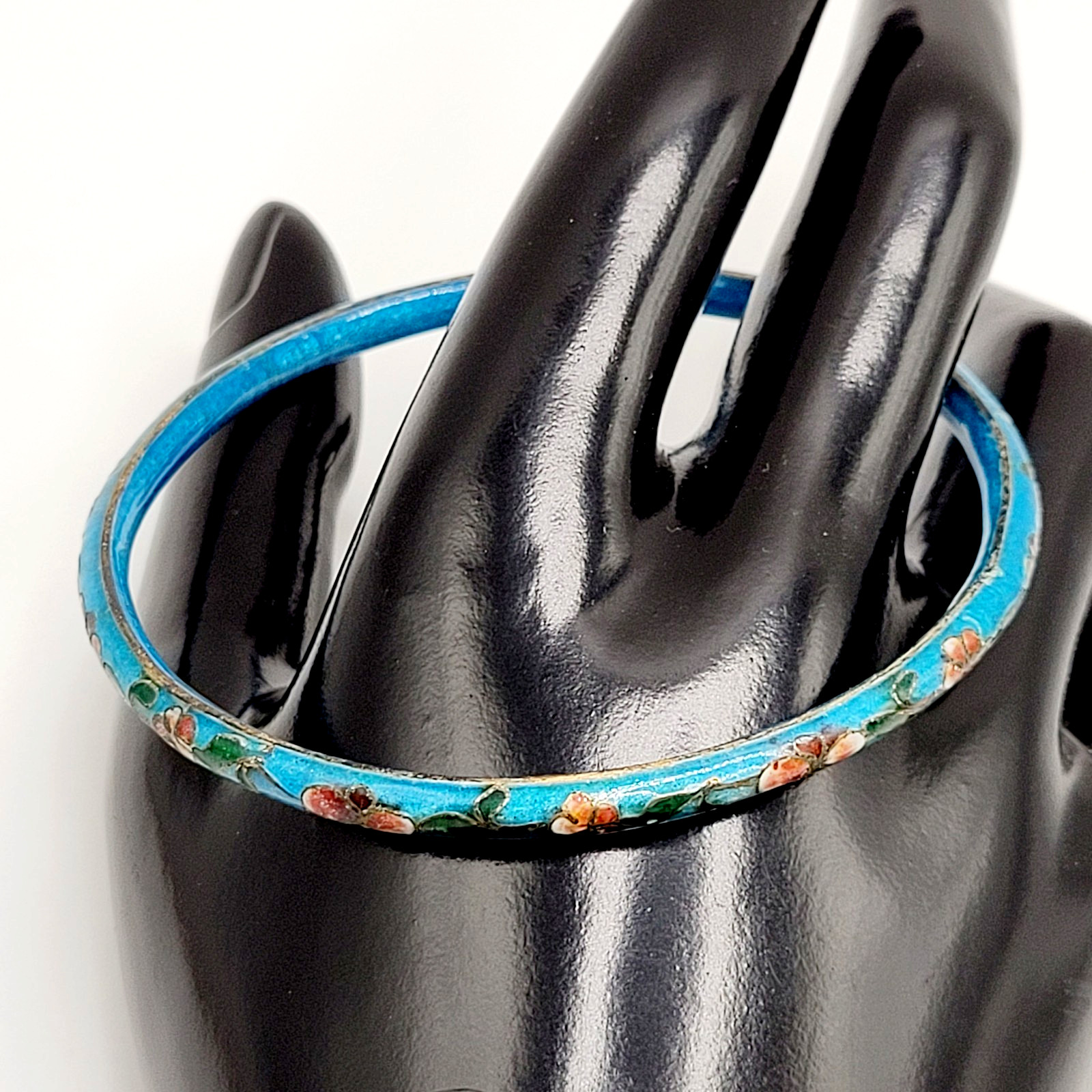 Cloisonné Light Blue Enamel Floral Hand Painted Asian Inspired Bangle Bracelet