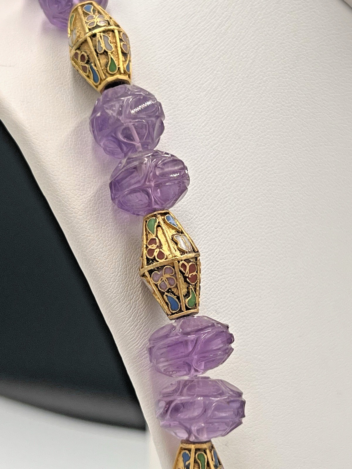 Vtg Chinese Carved Amethyst Bead & Gold Cloisonne Necklace, 168 grams, 30″ Long
