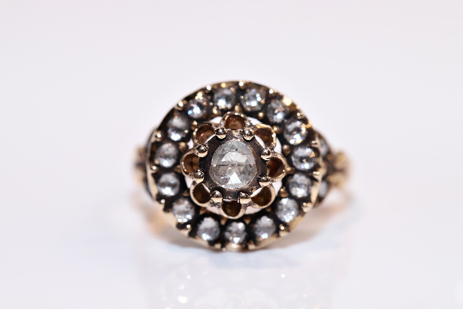 Vintage Circa 1980s 8k Gold Natural Rose Cut Diamond Decorated Ring