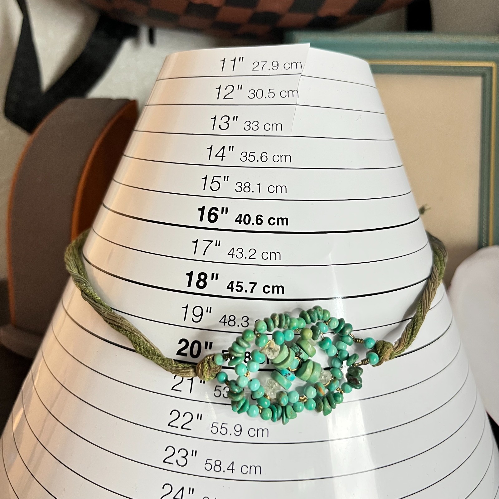 VTG Boho Artisan Turquoise Beads Silk Ribbon Wrap Necklace Earthy Mixed Green