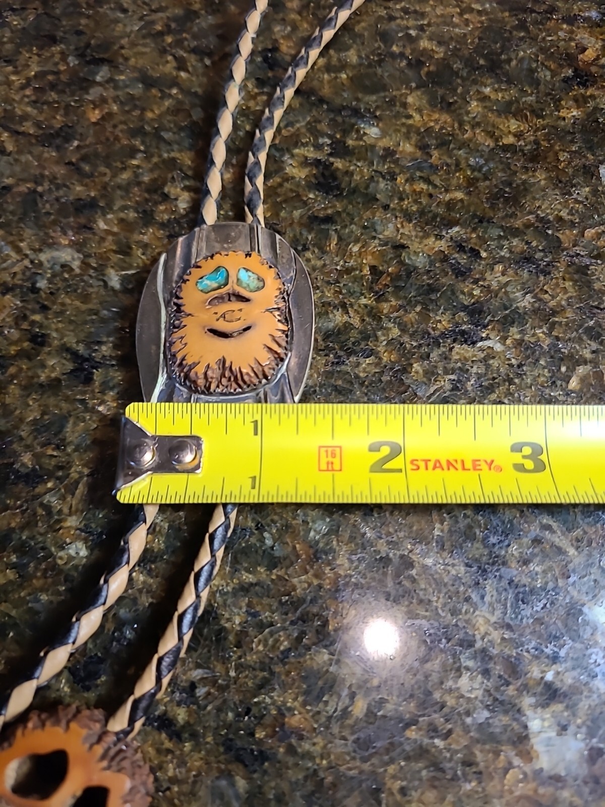 Native American Bolo Tie AMAZING DETAIL Metal and Nut Shell Turquoise Eyes EUC