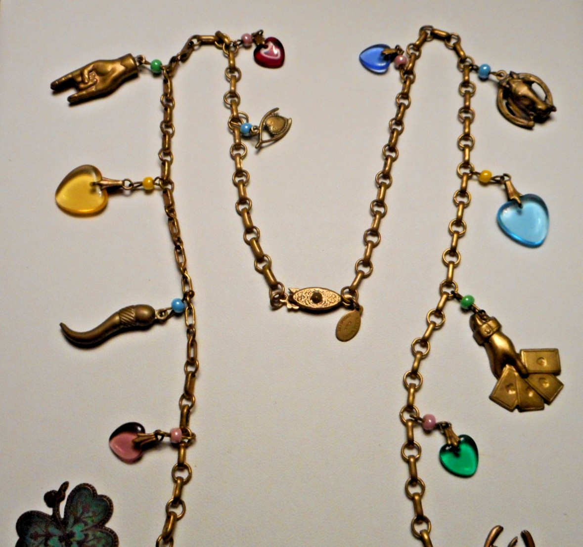 Vintage Glass Works Studio Brass Chain Necklace w 19 assorted Charms 30″ L