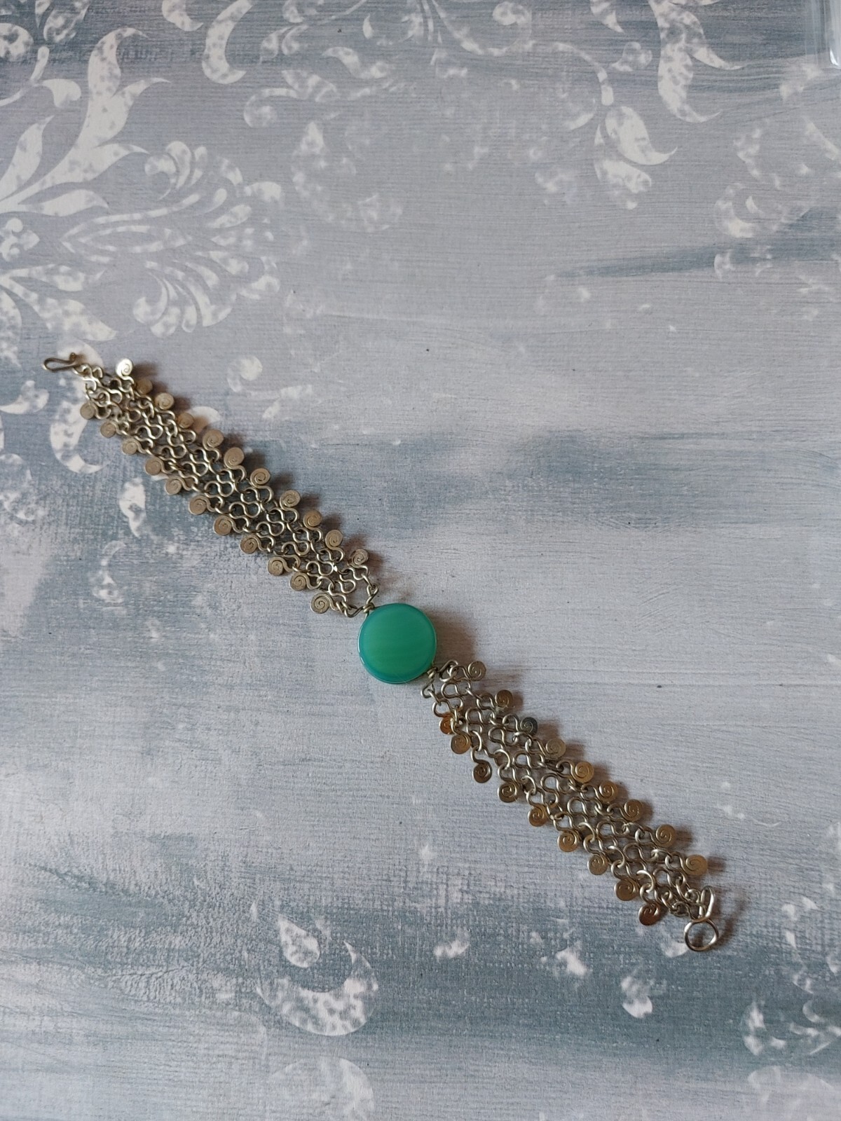 Vintage bracelet silver tone link wire wrap spirals green onyx stone 6 1/2″ long