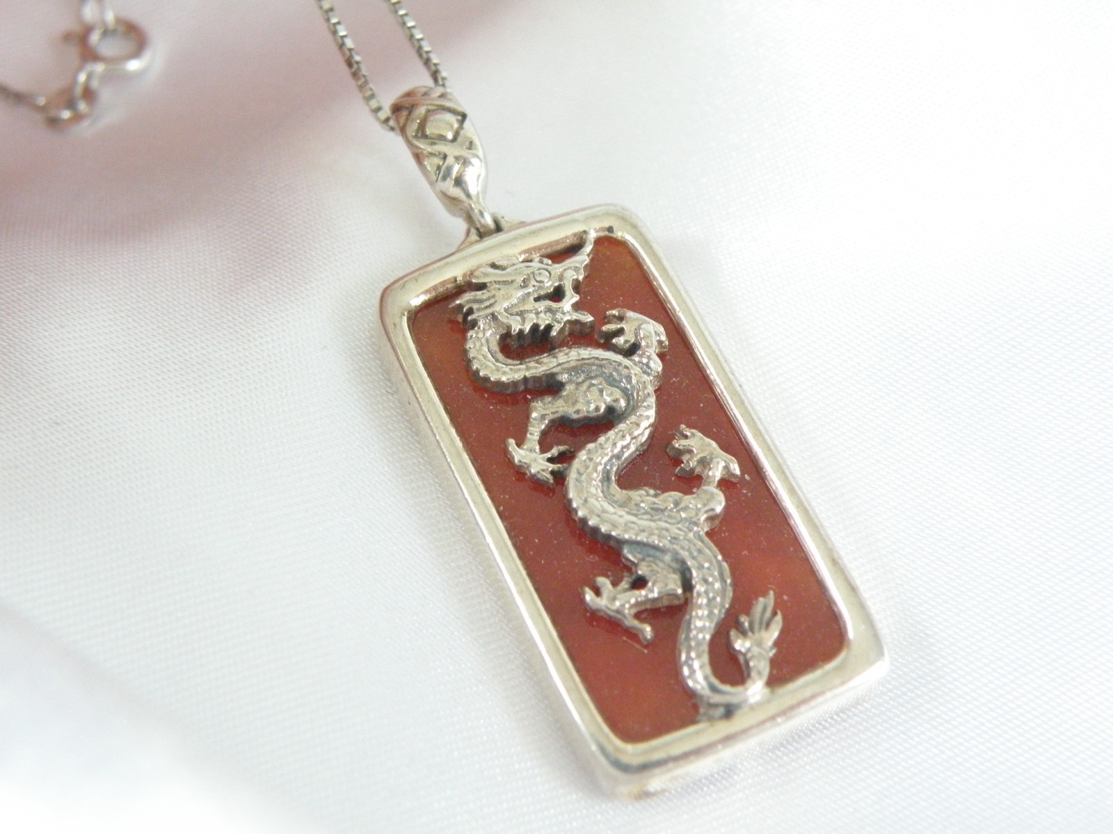 Vintage Sterling Silver 925 Red Jade Asian Dragon Pendant Necklace