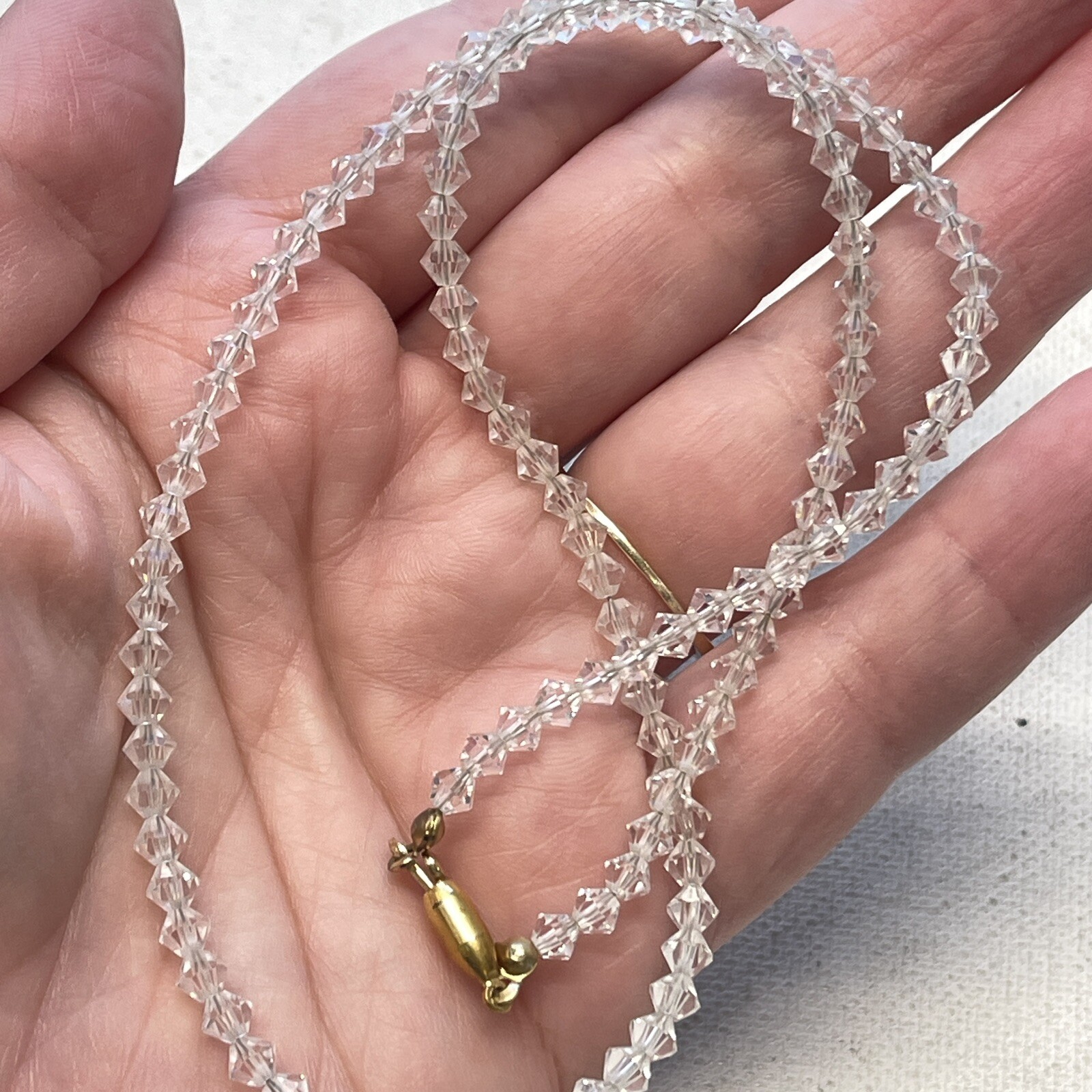 Vintage Small Bicone Clear Faceted Bead Collar Necklace 4mm 17″ Dainty Sparkly