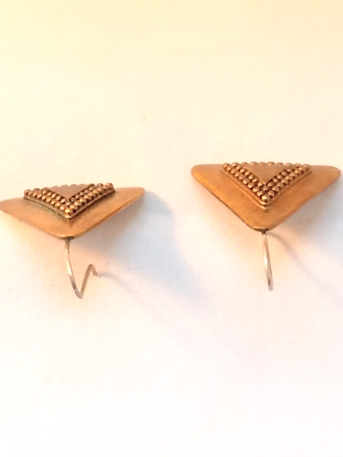 Vintage Artesian Metallic Copper Tone Triangular Shape Hook Earrings Good Cond.