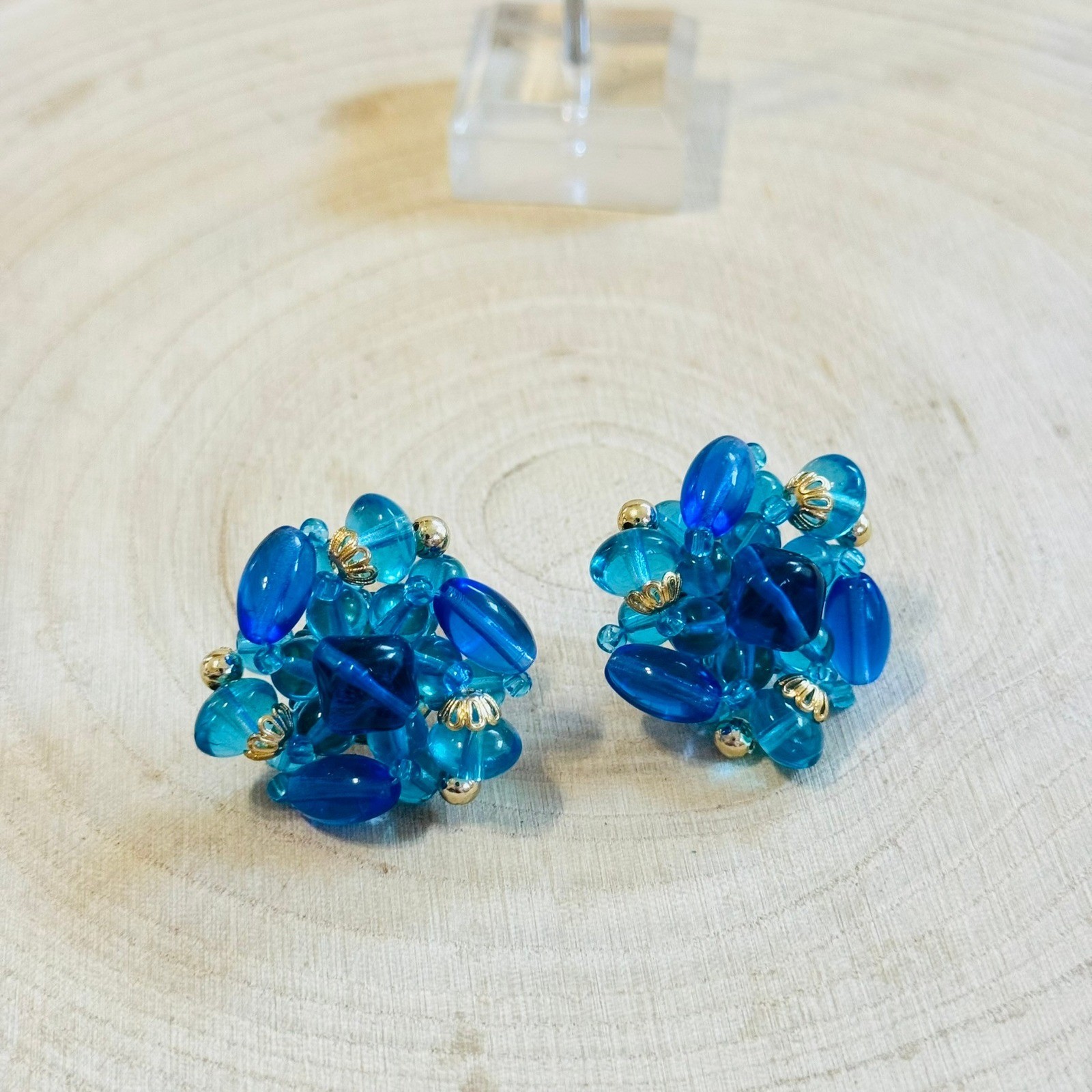 VTG Chunky Cluster Earrings Statement blue glass Czech pierced round flashy gold