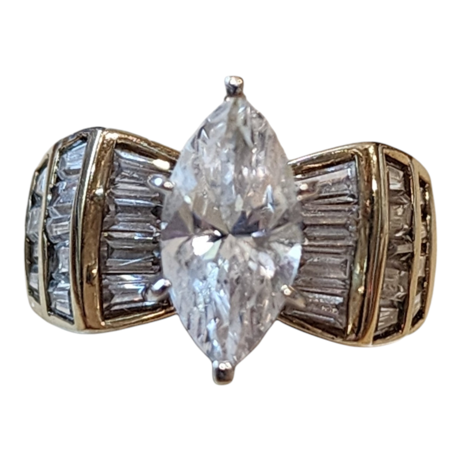 Sterling Silver Gold Vermeil Cubic Zirconia Marquise Cut Cocktail Ring Size 7.75