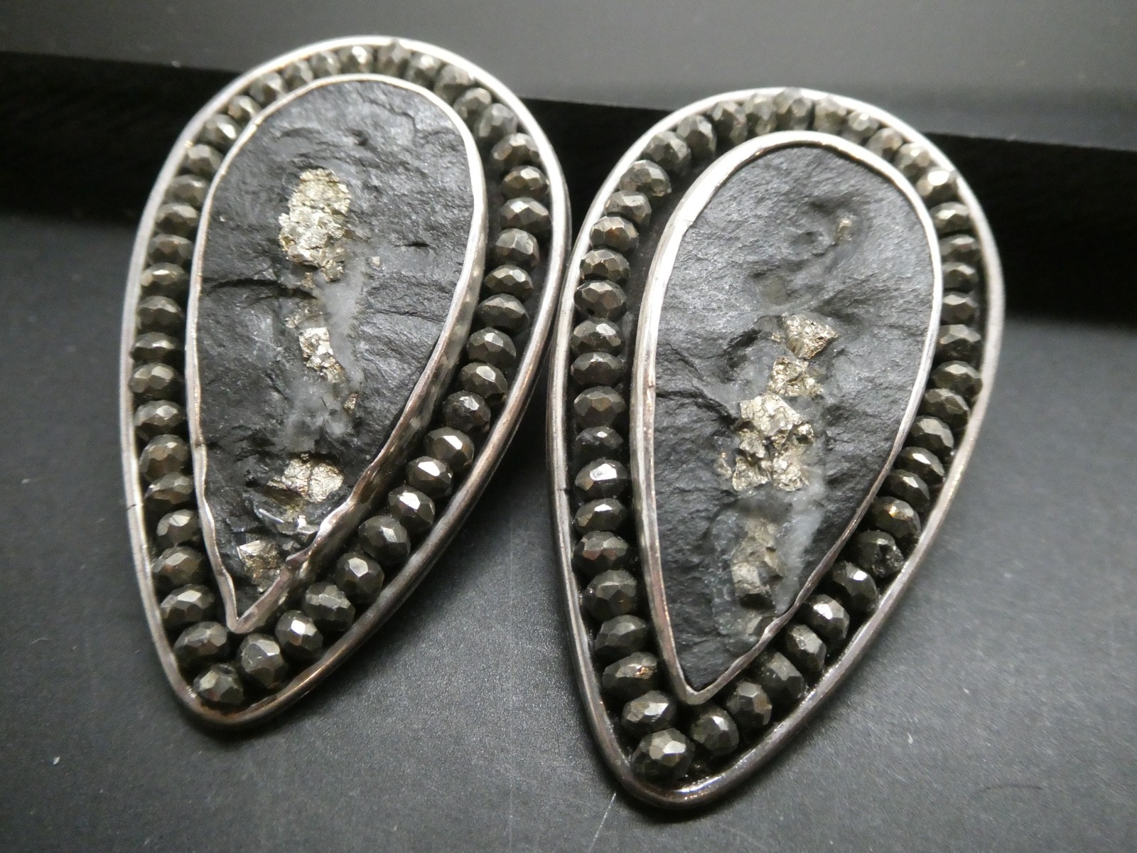 Amy Kahn Russell AKR Pyrite Gemstone Modernist Sterling 925 Clip On Earrings