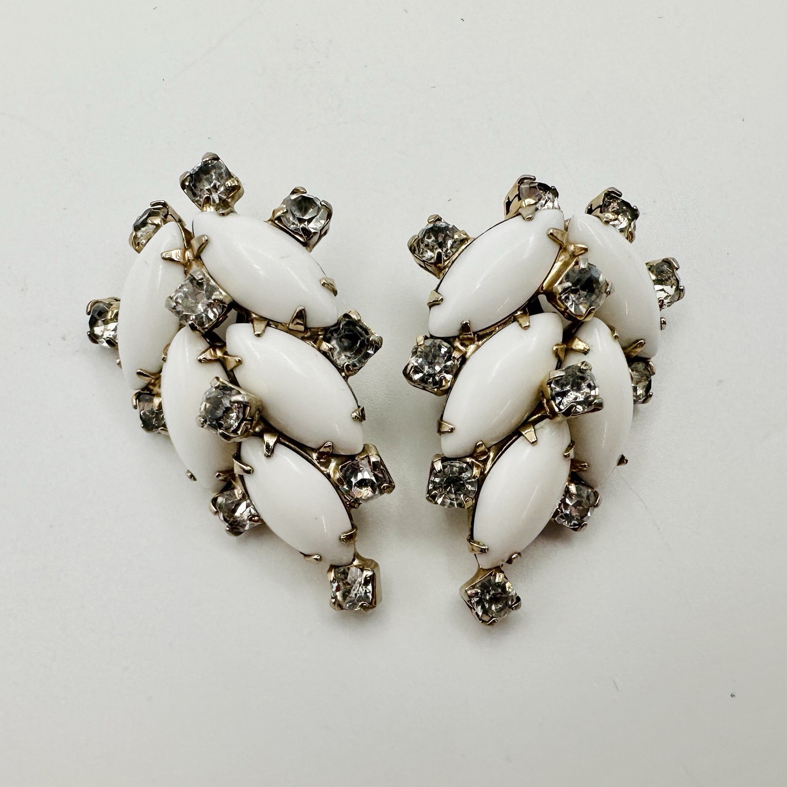 Vintage White Milk Glass Navette Rhinestones Fanned Leaf Clip Earrings Gold Tone
