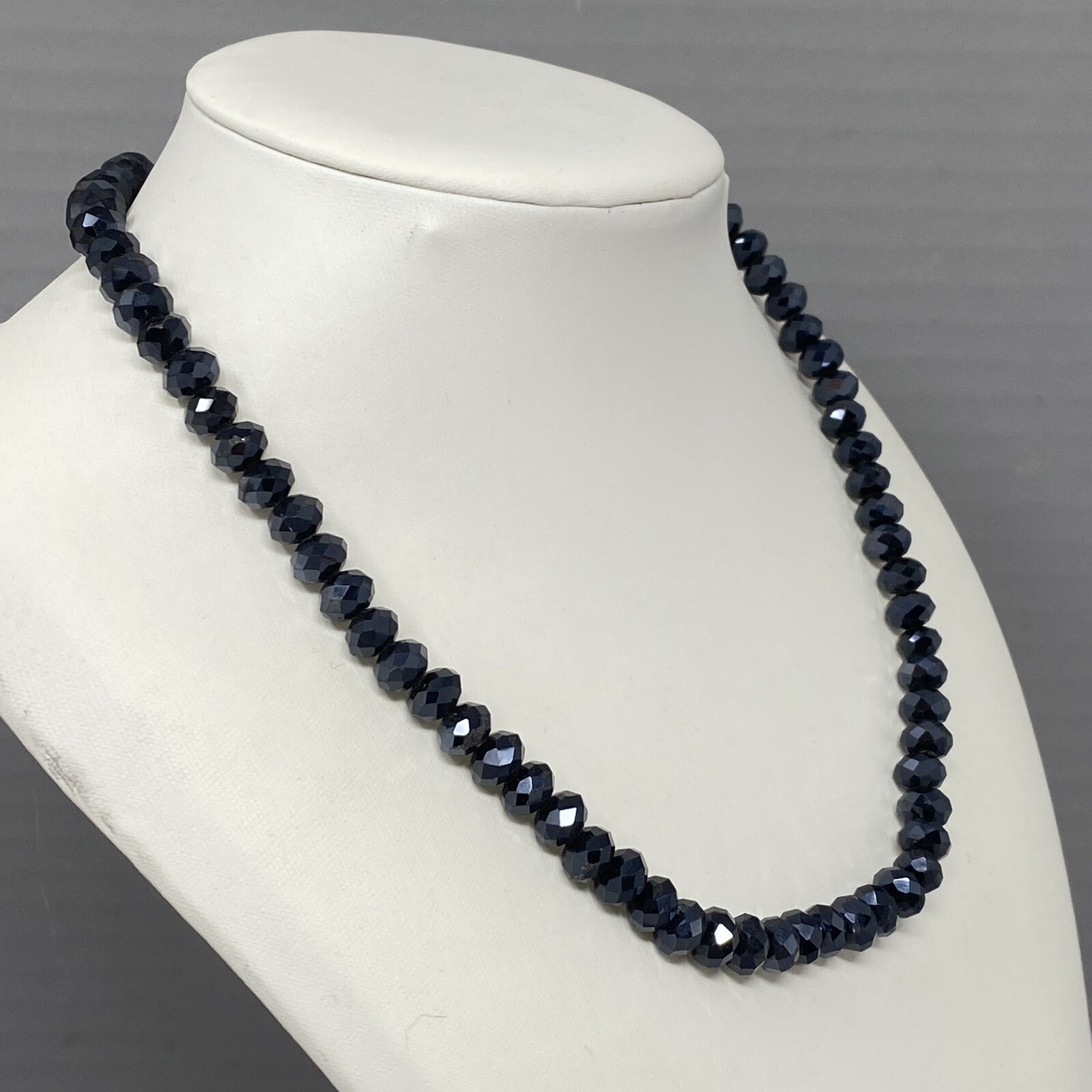 Blue Glass Bead Necklace Iridescent Round Faceted Dark Fire Polished Collar 18″