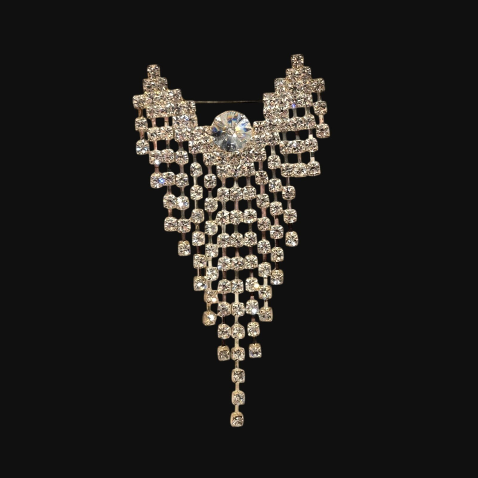 Antique Dramatic Rhinestone Brooch Cascading Fringe Rivoli Center Stone art deco