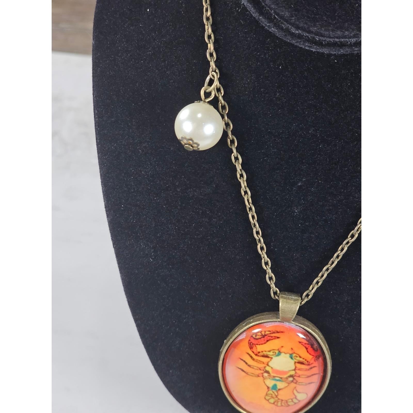 Vintage Scorpio Zodiac Necklace Orange Scorpion Cabochon Gold Tone