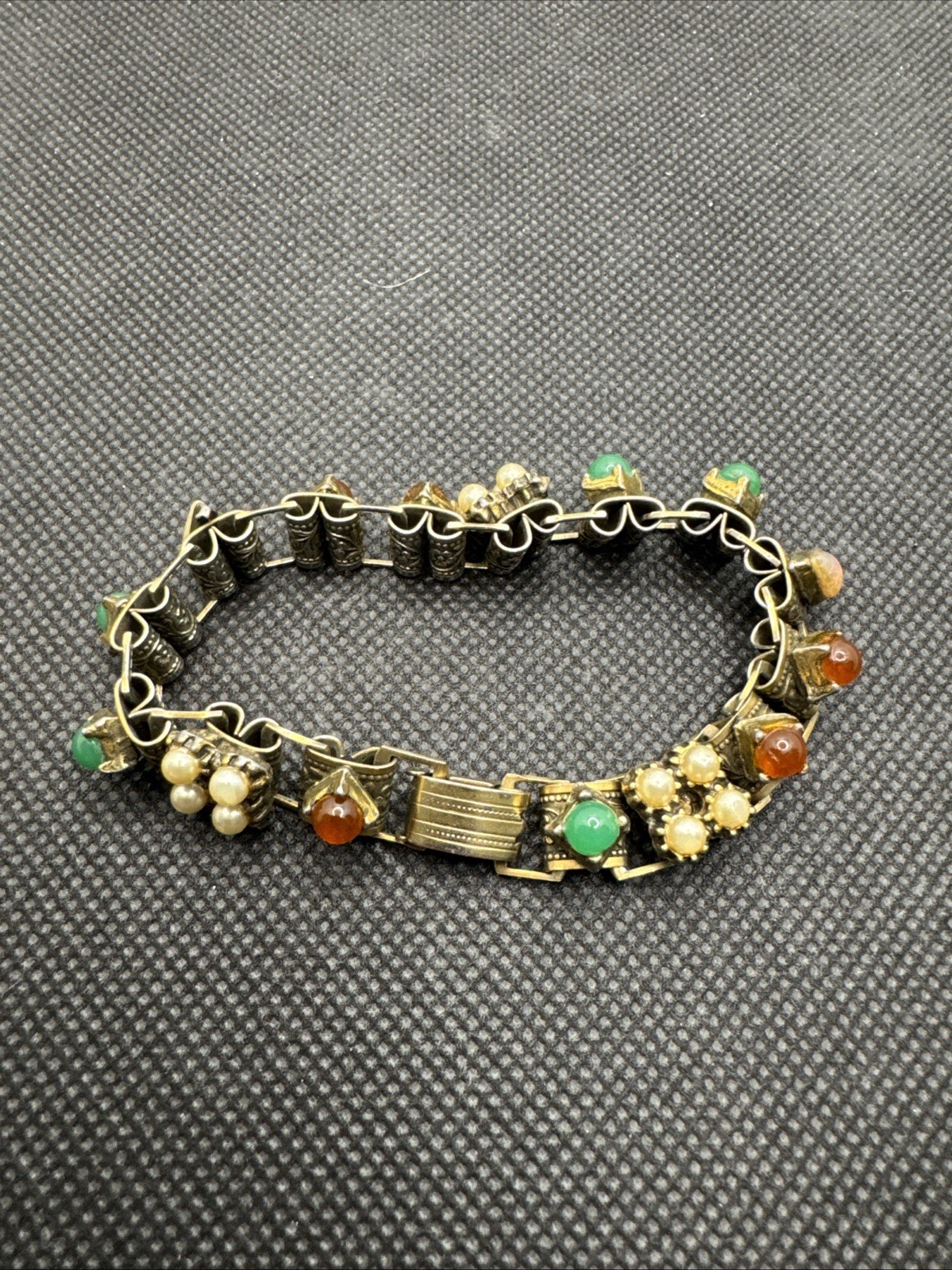 CC1127 Vtg Victorian Revival Book Chain Bracelet Faux Pearl, Opal, Emerald, Ruby