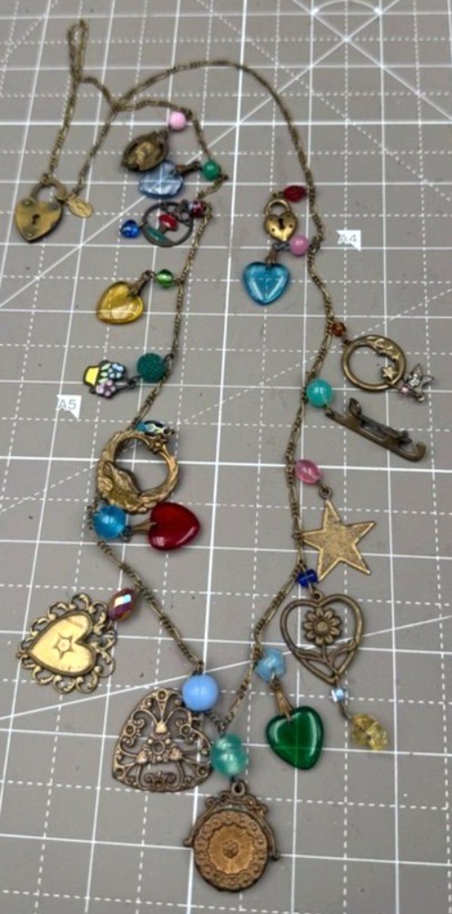 Vintage Glass Works Studio Charm Necklace Brass Glass Hearts Eagle Moon Stars