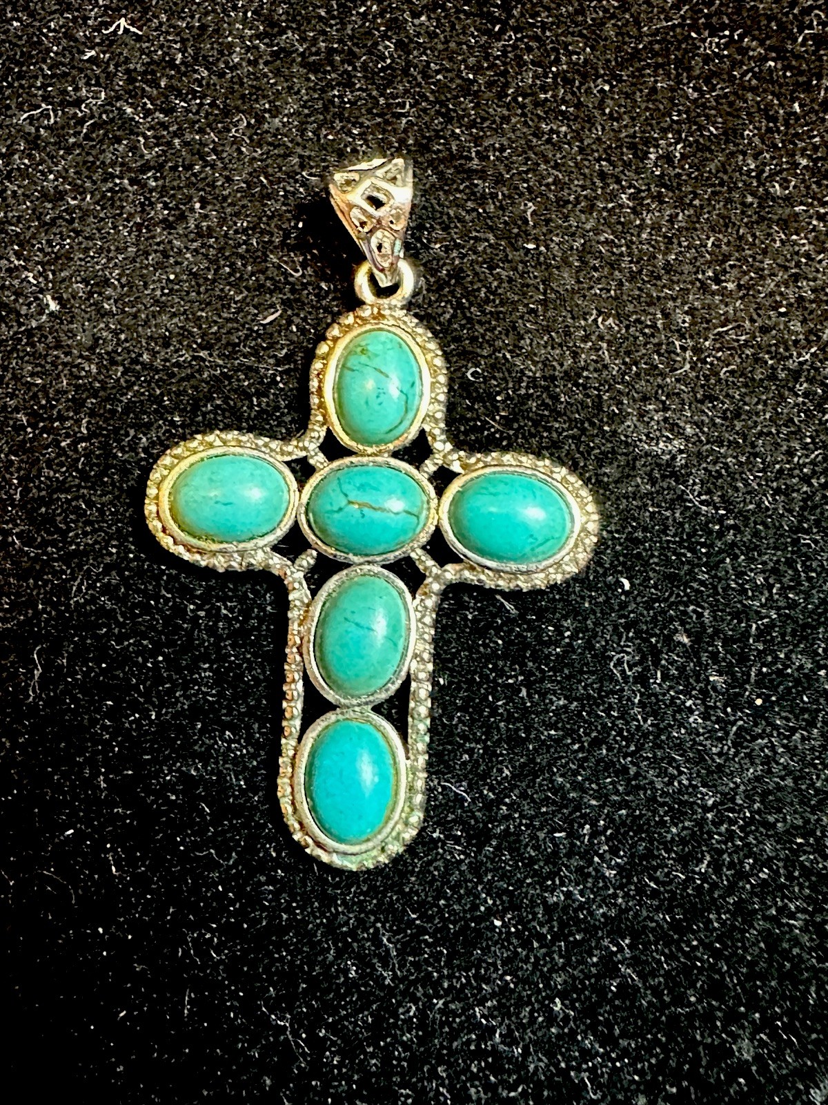 Vintage 1.5” South western style Silver Toned Faux Turquoise Cross
