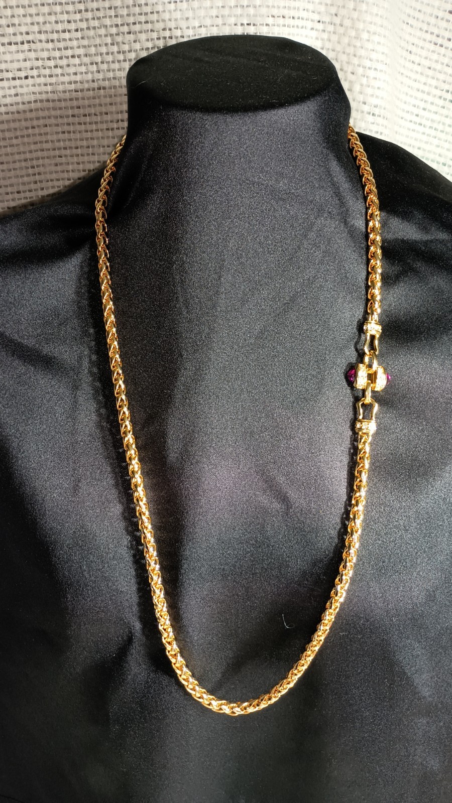 VTG Nolan Miller Chunky Red Cabochon Gold Tone Long Spiga Wheat Chain Necklace