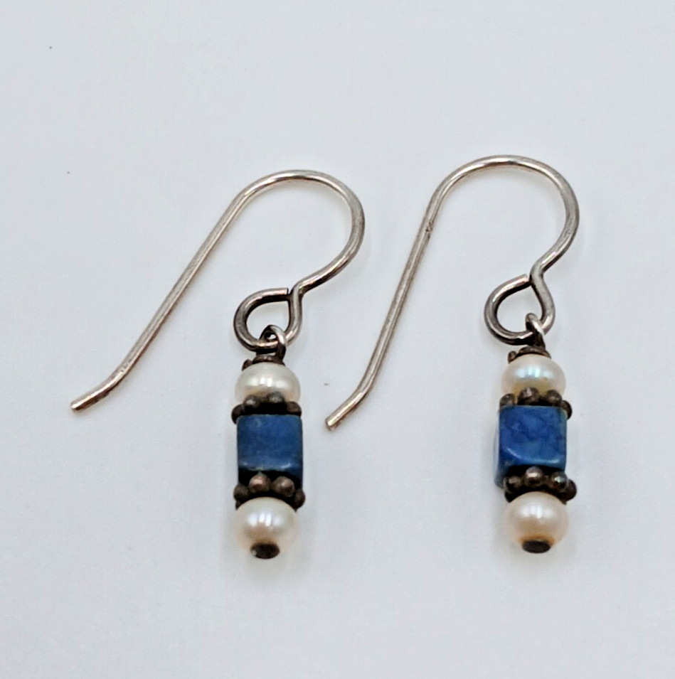 VTG Beaded Dangle Earrings 1in Drop Blue Stone Seed Pearl Silver Tone Estate