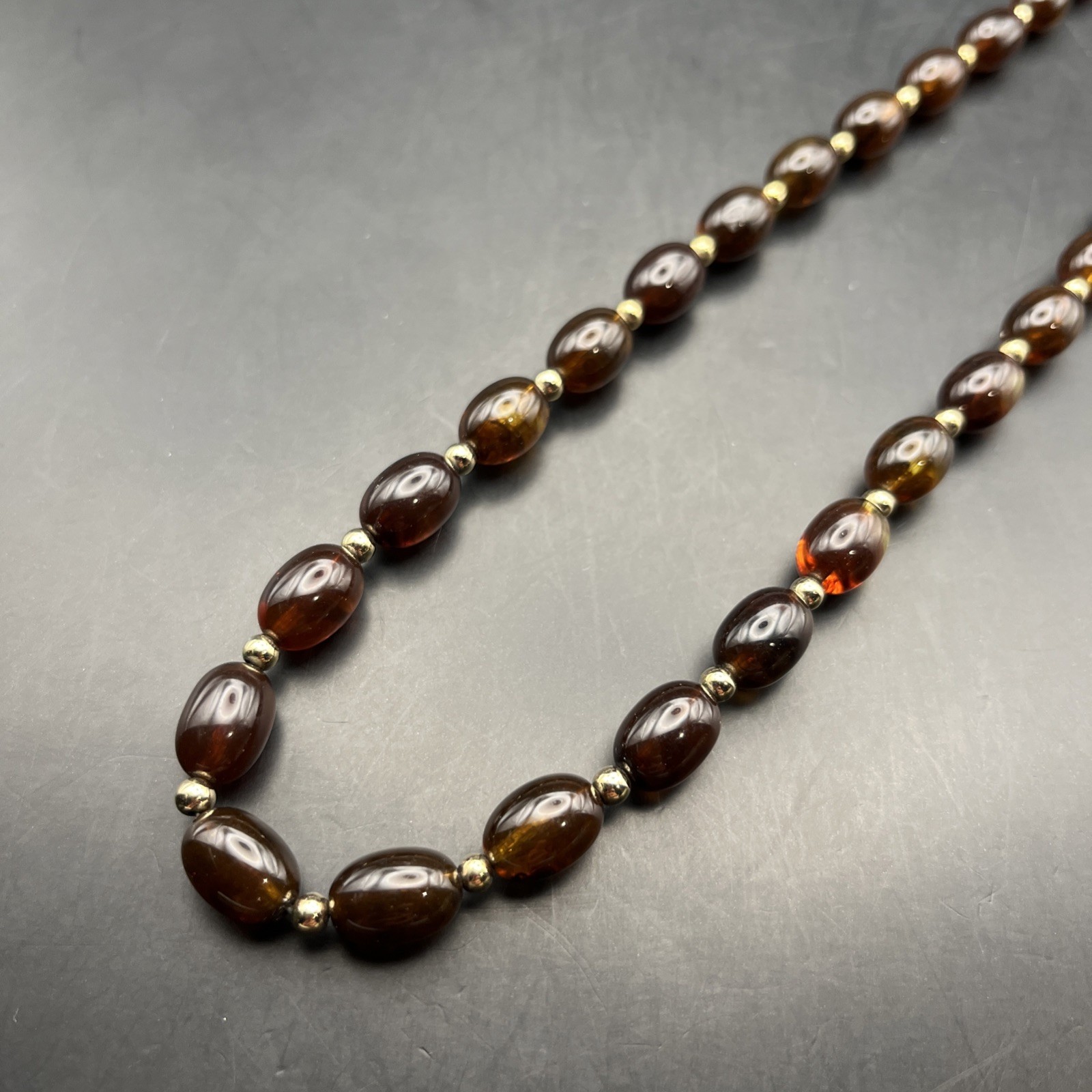 Faux Amber Lucite Necklace Beaded Gold Tone 23 Inch Honey Color Classic Vintage