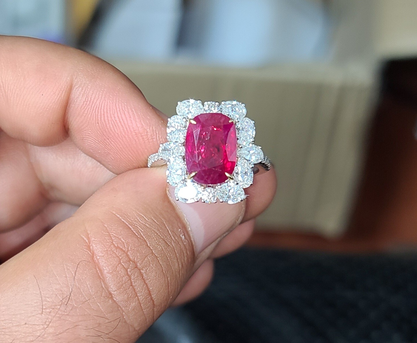 18k White Gold Ring 4.05ct.Natural Untreated Burma Ruby Cushion Cut GIA Cert