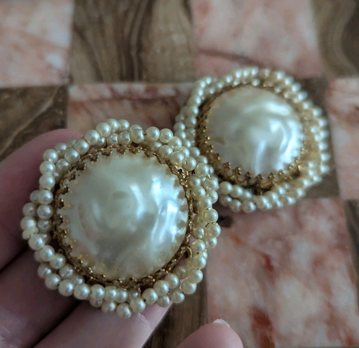 Miriam Haskell Large Pearl Ornate Cluster Statement Art Earrings Vtg Jewelry