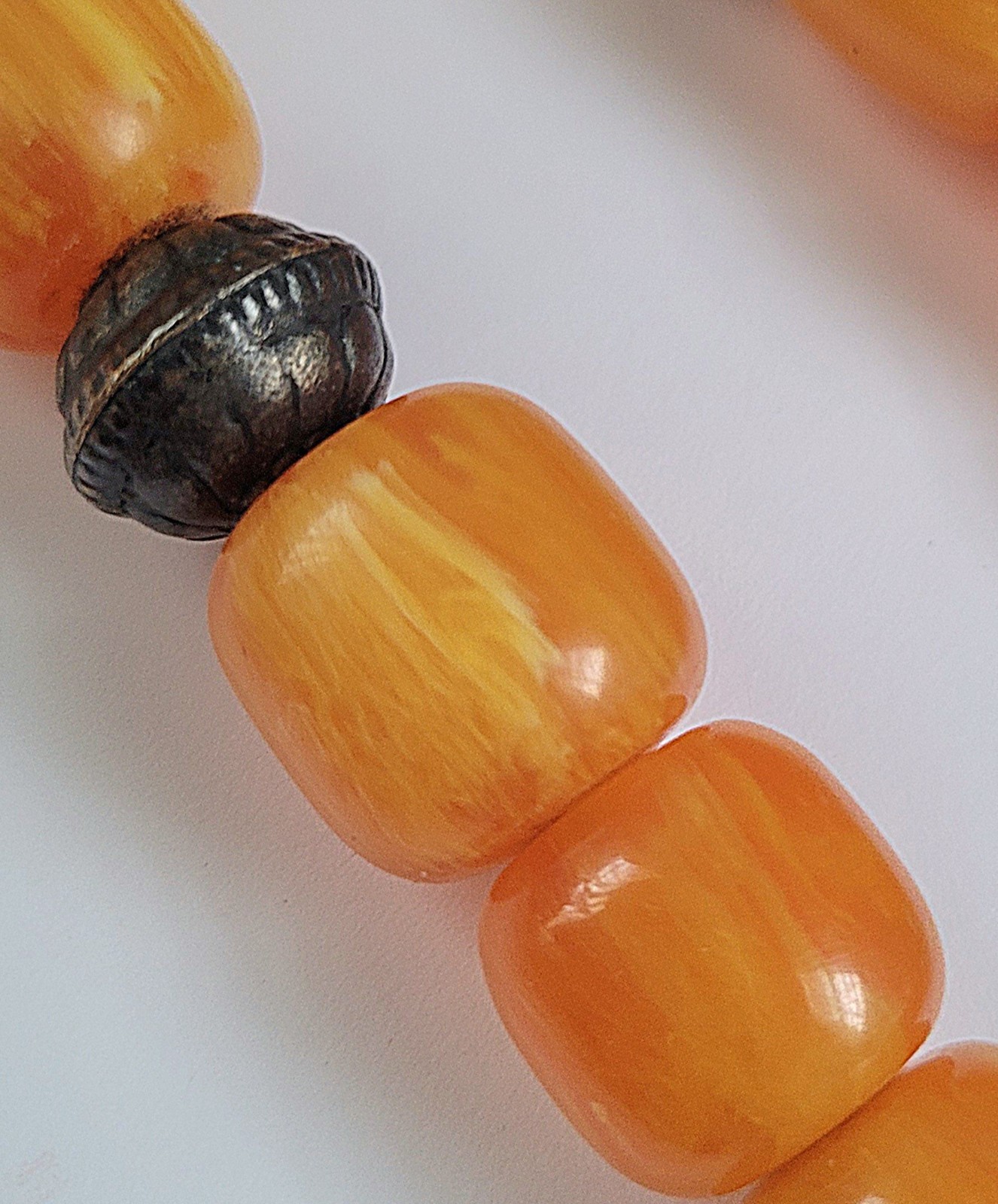 Vtg Pressed Amber Resin ? Prayer Beads Necklace Silverplate Pendant Moroccan