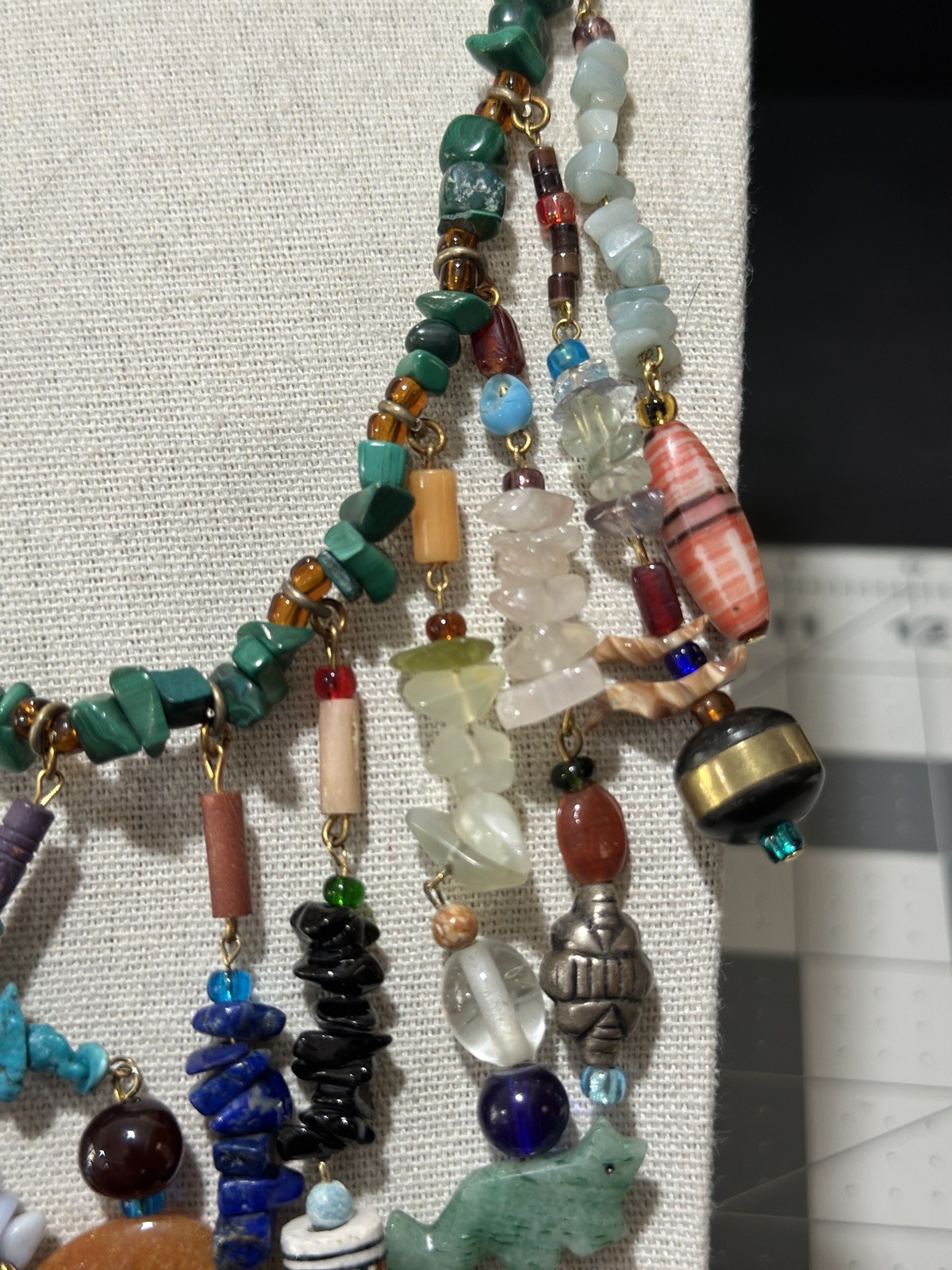 Vintage Multi Gemstone Charm Necklace Green Bead Strand Dangle Drop Boho Ethnic