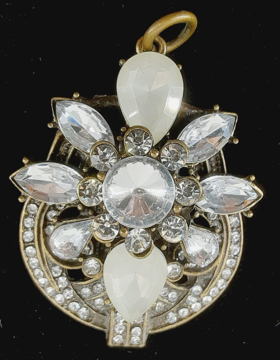Victorian Inspired Gold Tone Filigree Crystal Rhinestone Oval Pendent No Chain