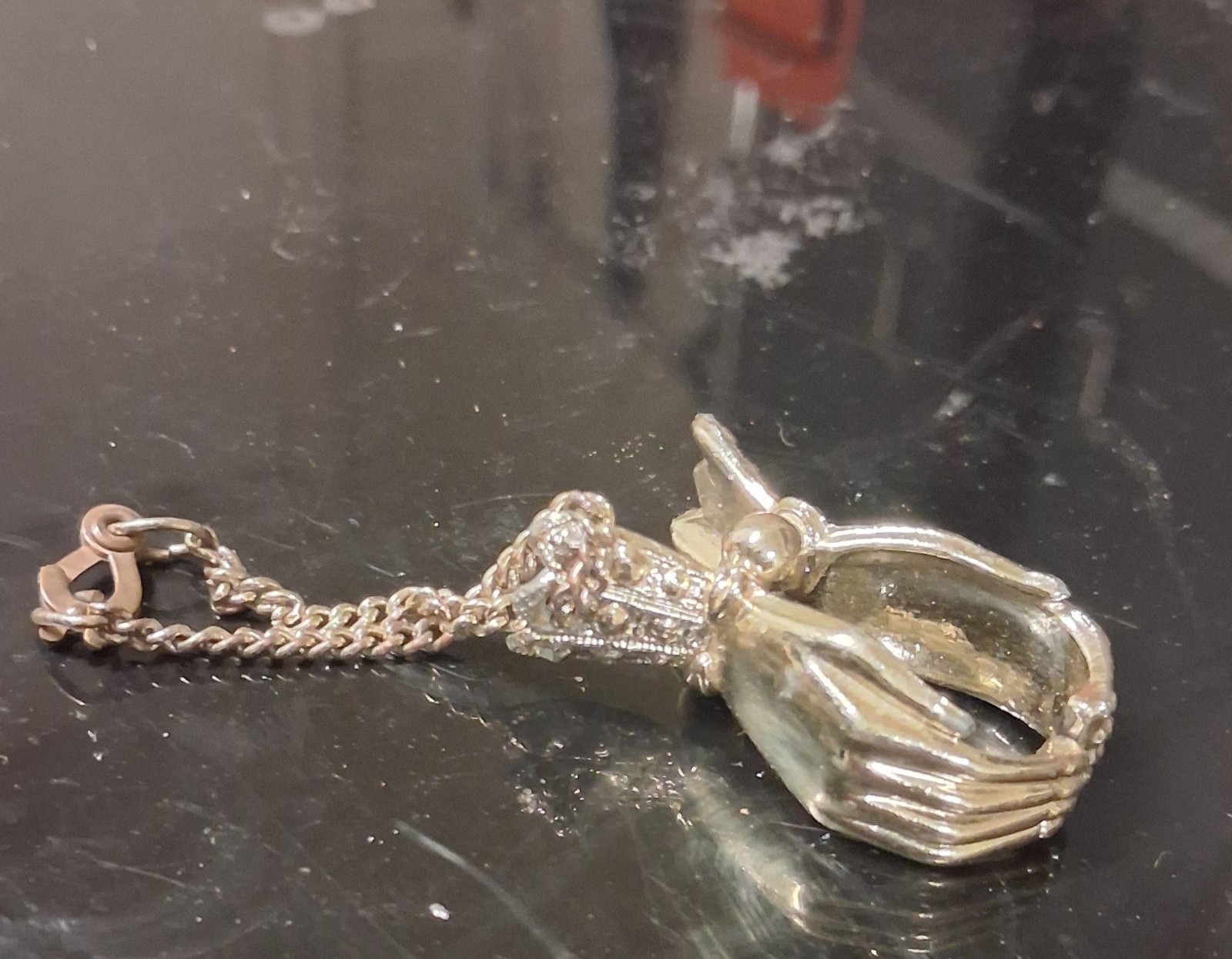 Silver Tone Hand Charm Pendant Necklace, Curb Link Chain, Lobster Clasp