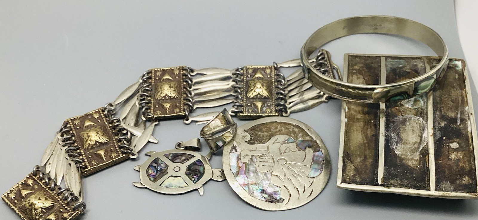 VTG Signed Alpaca~MEXICO~Brass, Silver Tone, Abalone Jewelry Lot~REPAIR or PARTS