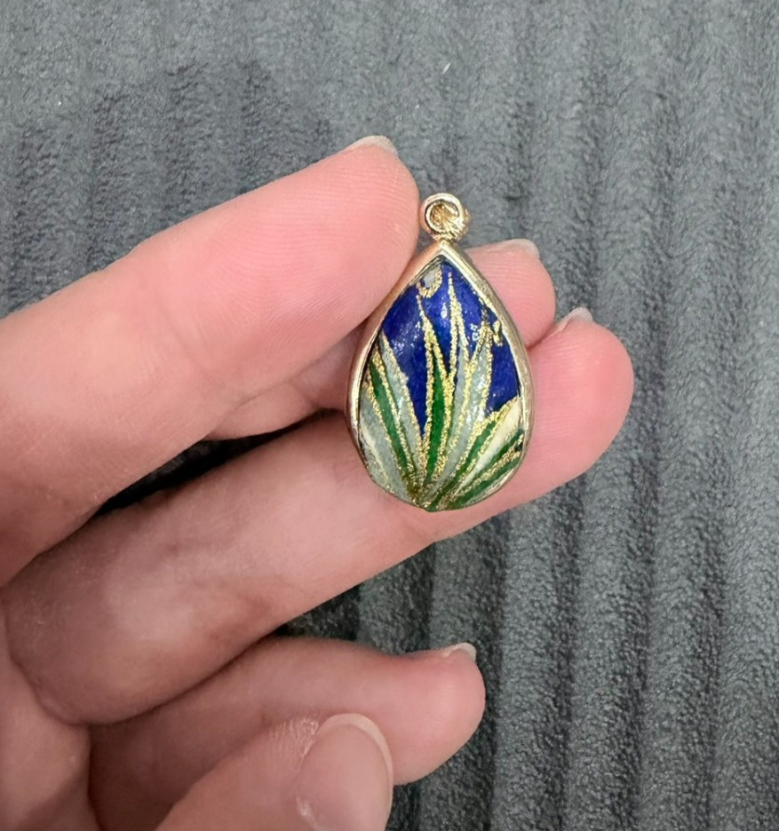 Vintage Enamel Floral Teardrop Pendant Blue Green White Silver Tone Necklace Cha