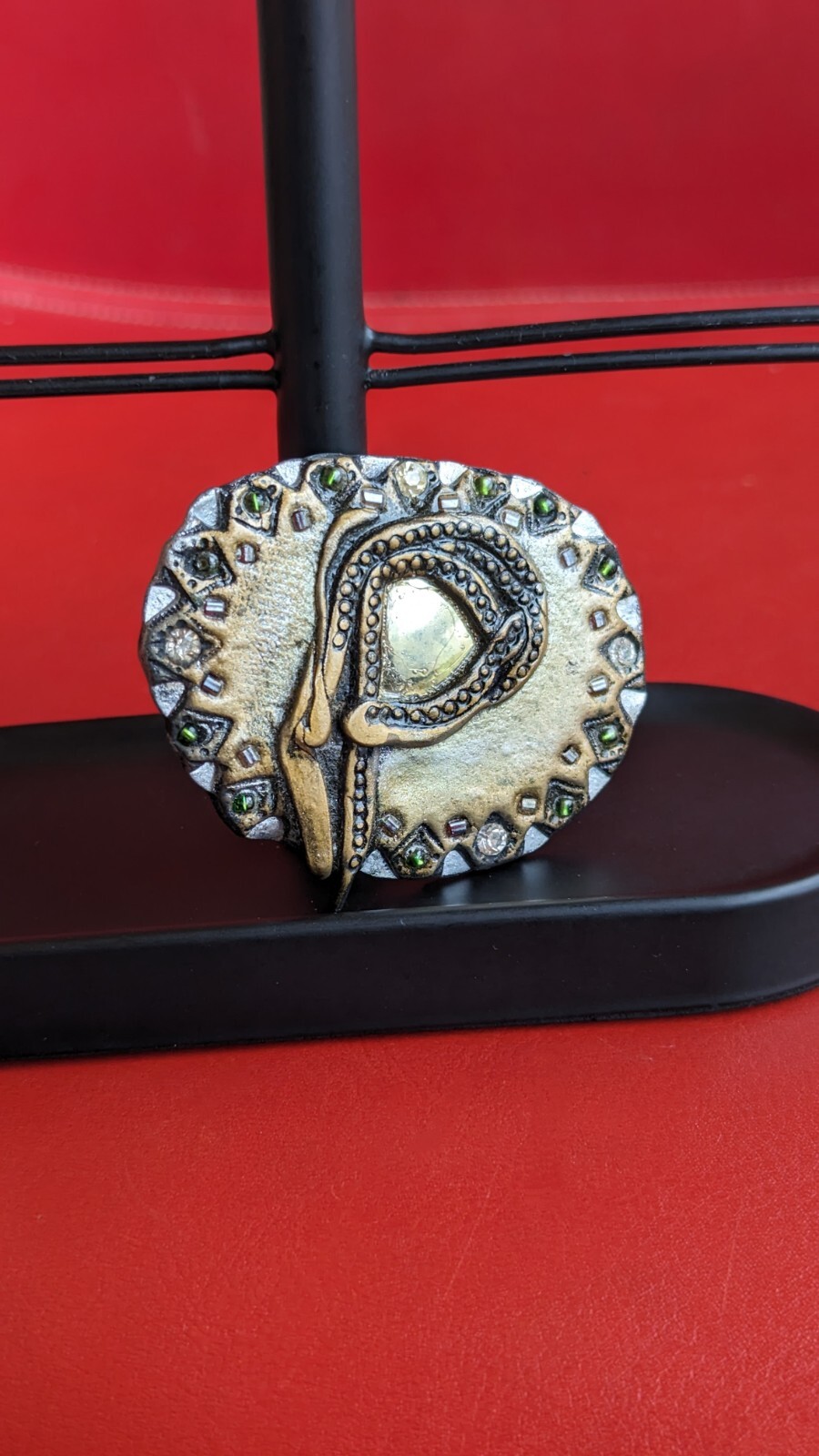 Striking Statement Letter “P” INITIAL Gold Tone Bead Stone Paper Mache BROOCH