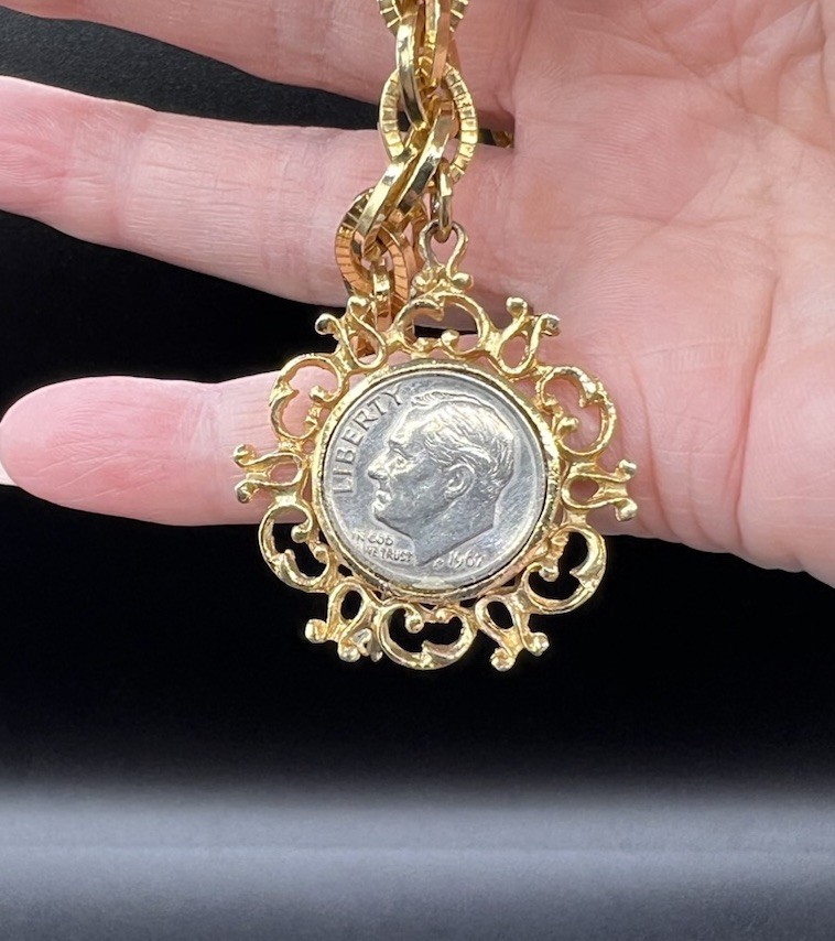 Vintage Gold Tone Double Link Charm Bracelet, 3 Genuine Coin Charms, 7”