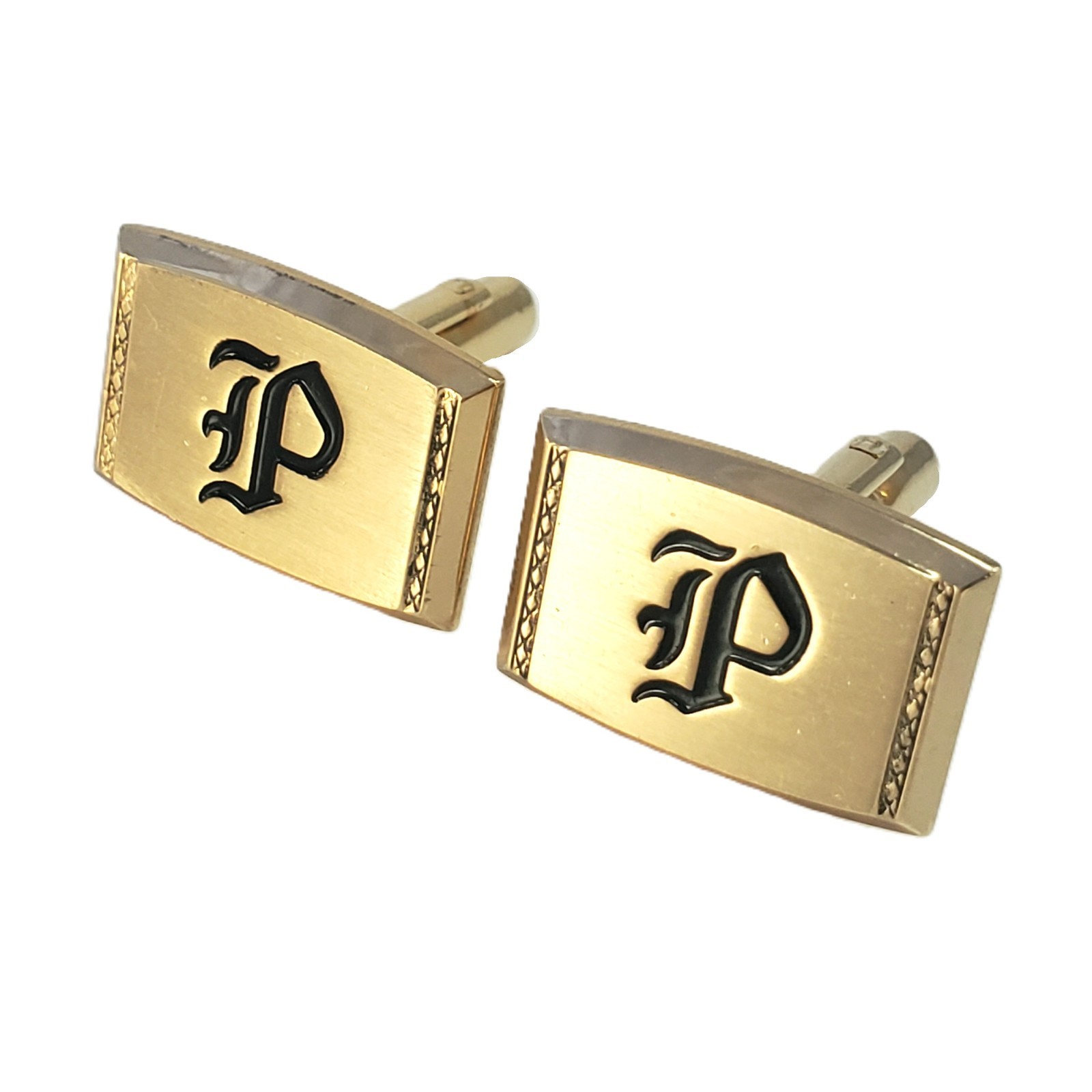 Vintage Letter “P” 1960s Monogram Gold Tone Rectangular Cufflinks 0.75″