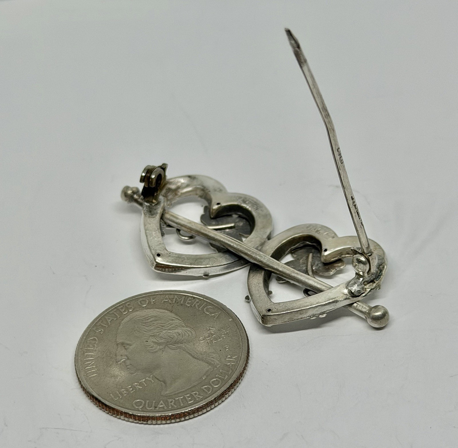 Victorian Sweetheart Entwined Hearts & Clover Sterling Hallmarked Brooch 1891