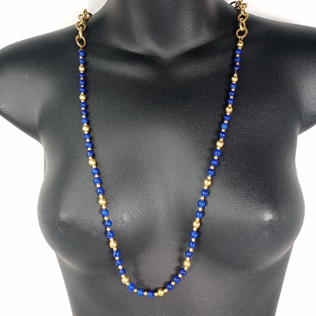 Vintage Convertible Blue Beaded Gold Tone Necklace Faux Pearl Drop 34″