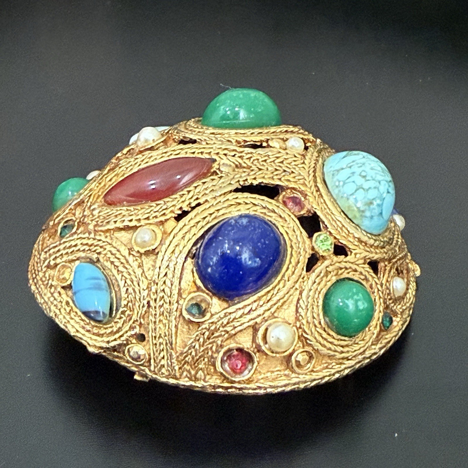 Vintage La Roca Style Multicolor Bejeweled Gemstones Gold-tone Dome Brooch 44g.