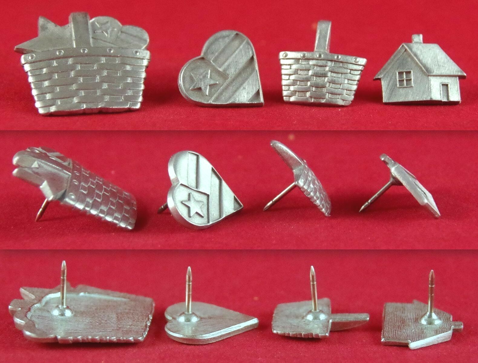 Lot 2 NOS VTG FINE PEWTER PICNIC BASKET, SET 3 HOUSE FLAG HEART BROOCH LAPEL PIN
