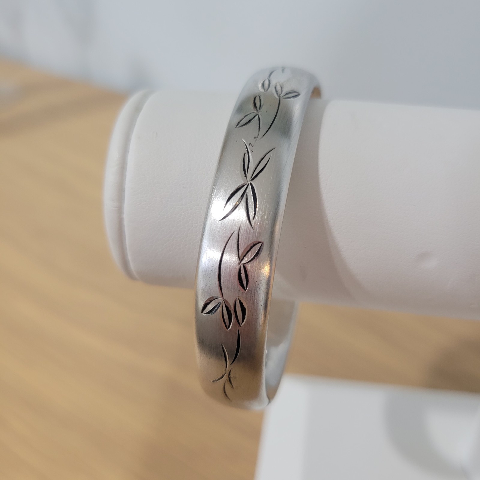 Vintage Sterling Silver H.F.B. Hinged Bracelet Etched Floral Brushed Finish