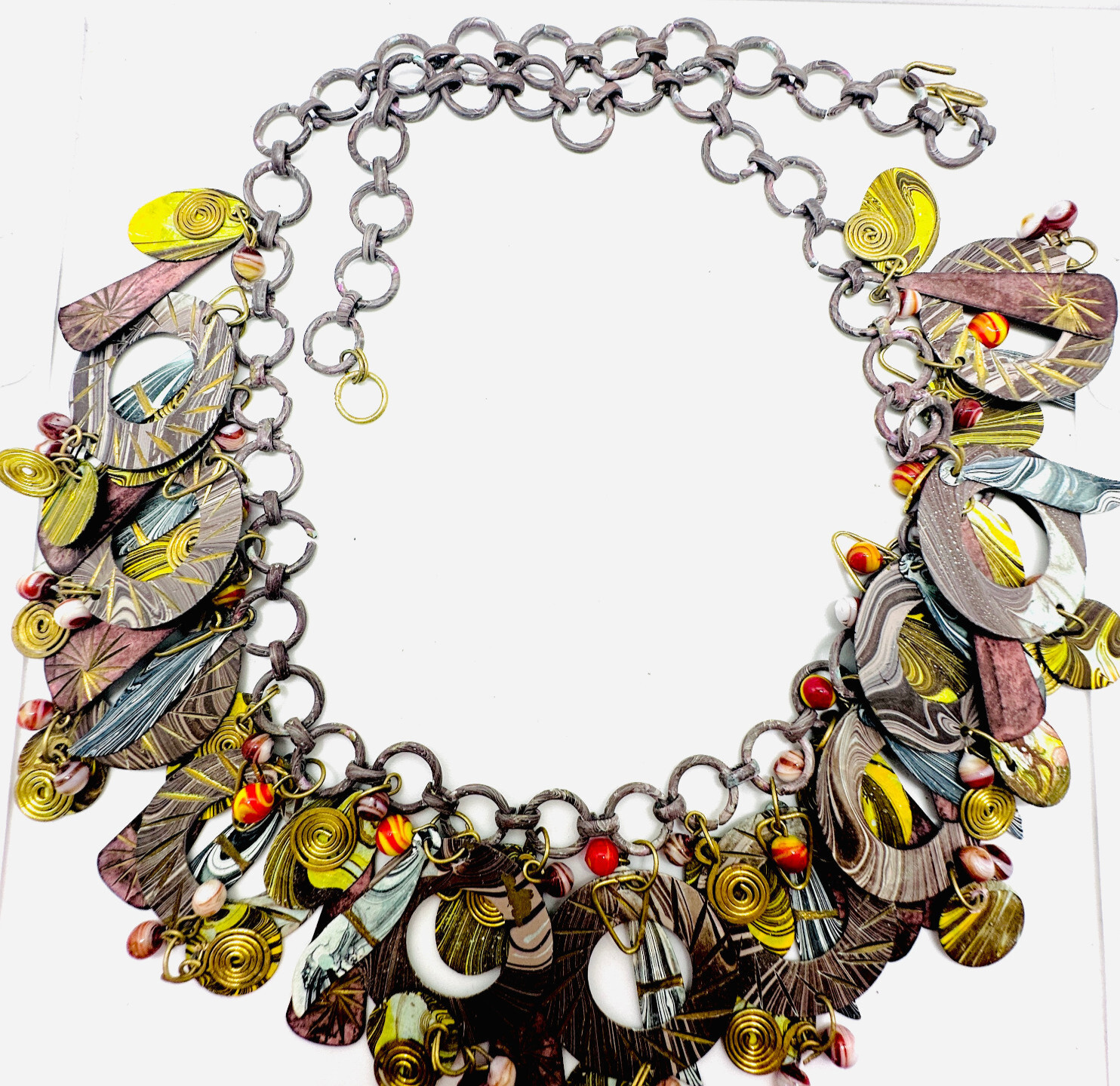 Vtg 1980s Fab Enamel Artisan Layered Metal Dangle Purple Pink Red Necklace
