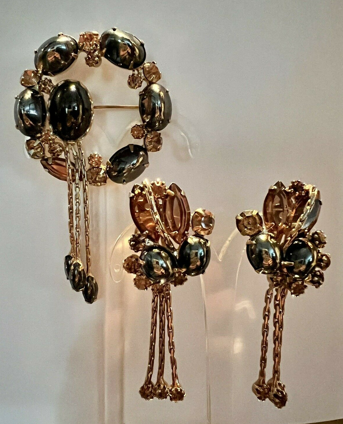 Rare D&E Juliana Hematite Topaz Dangling Chain Rhinestone Drops Brooch Earrings