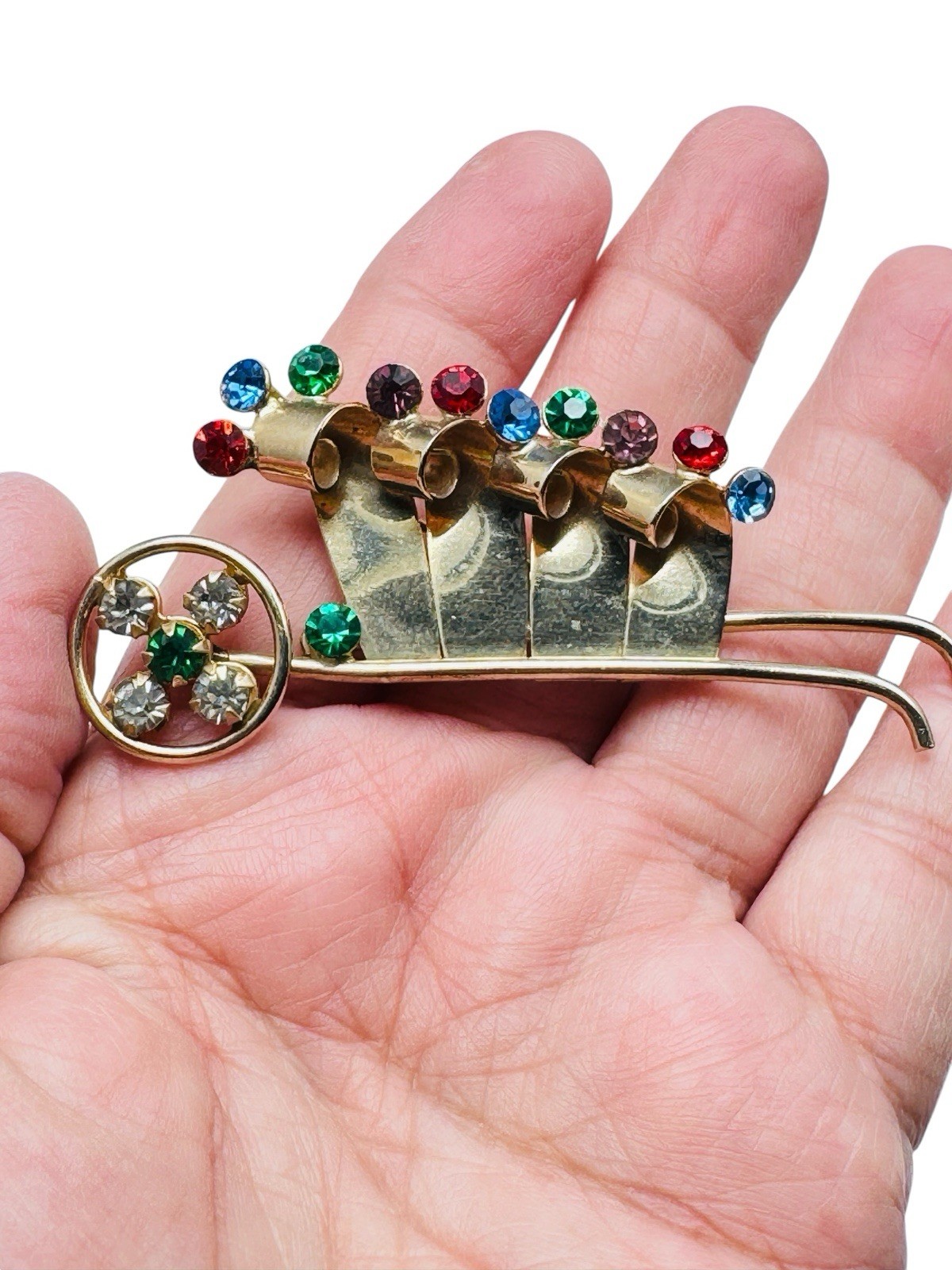 Vintage Coro? Rhinestone Jeweled Wheelbarrow Cart Brooch Very nice